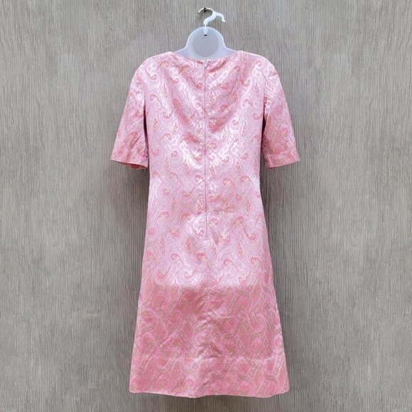 Vintage 60s Midcentury Mod Bubblegum Pink Metallic Brocade Jacquard Sheath Dress - Picture 2 of 7